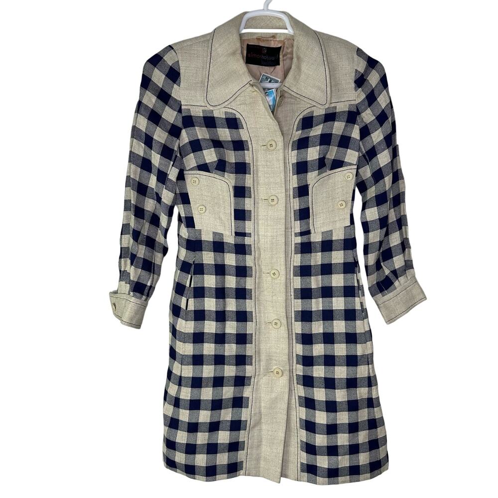 Vintage Simon Howard London Coat Women's‎ Small Coat Gingham Cream Blue GUC